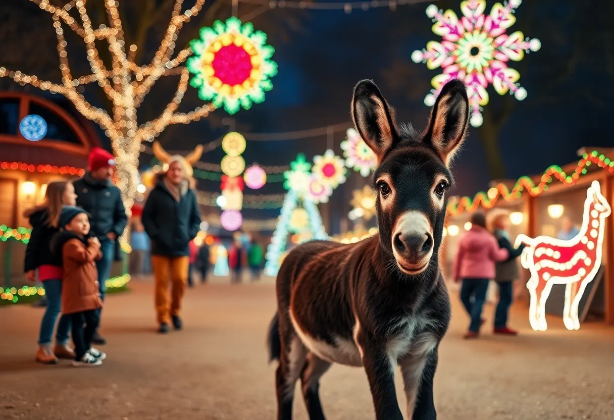 Families celebrating at the Indianapolis Zoo during Christmas with twinkling lights and a baby donkey.