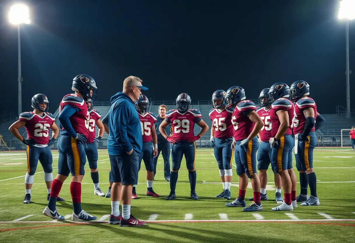 Football team discussing strategies during a night game