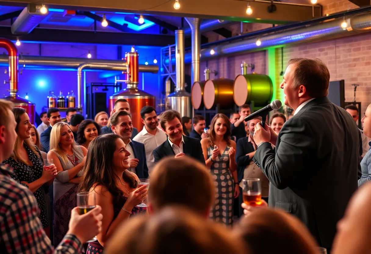 Guests enjoying cocktails at Moon Drops Distillery during a comedy show