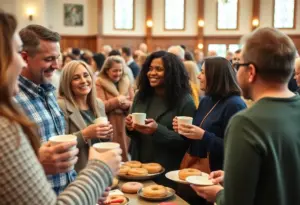 People enjoying coffee and donuts at the Coffee, Donuts & Love event
