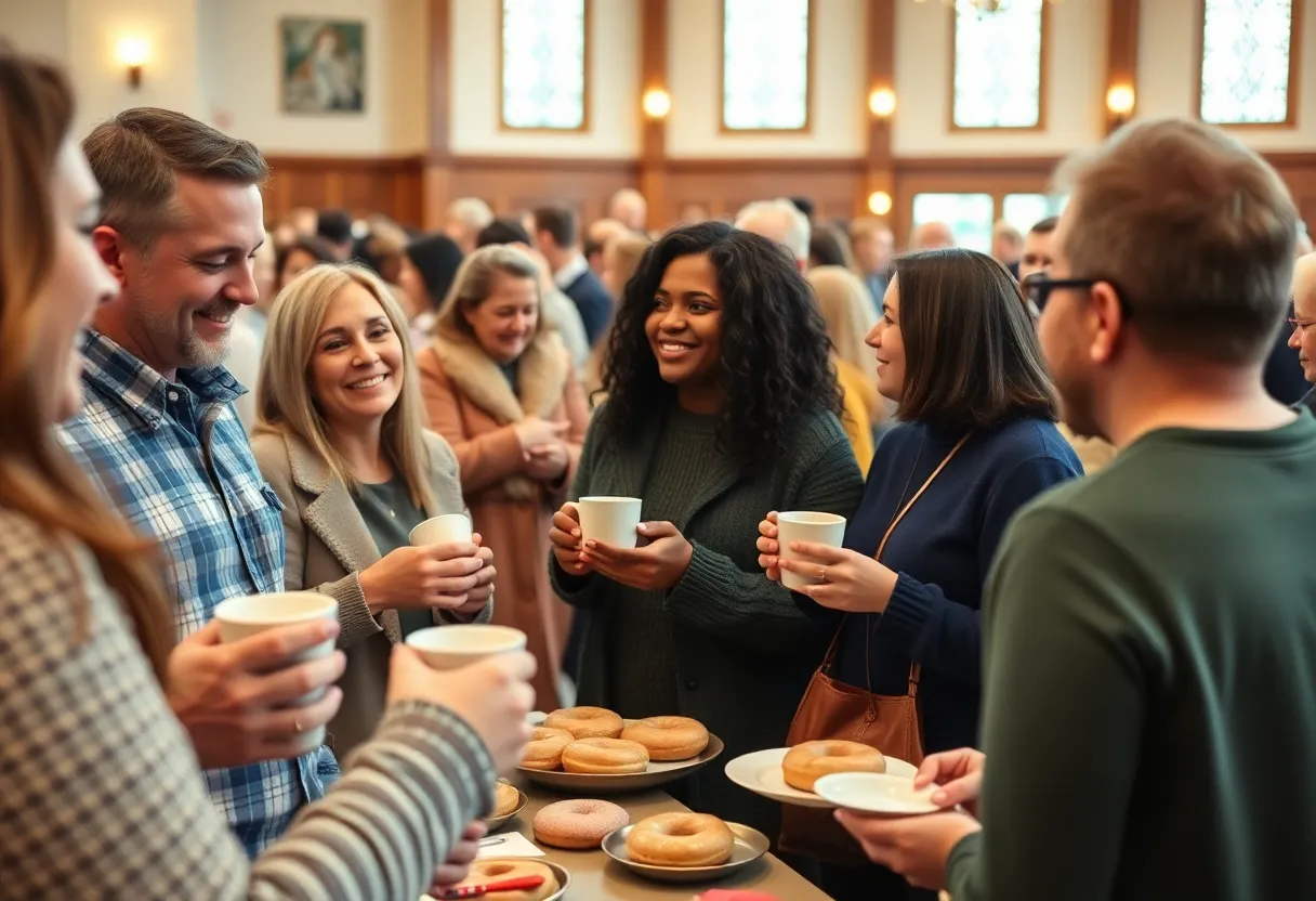 People enjoying coffee and donuts at the Coffee, Donuts & Love event