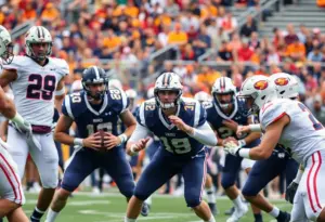 College football quarterbacks showcasing teamwork on the field.