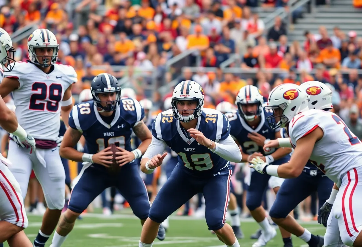 College football quarterbacks showcasing teamwork on the field.