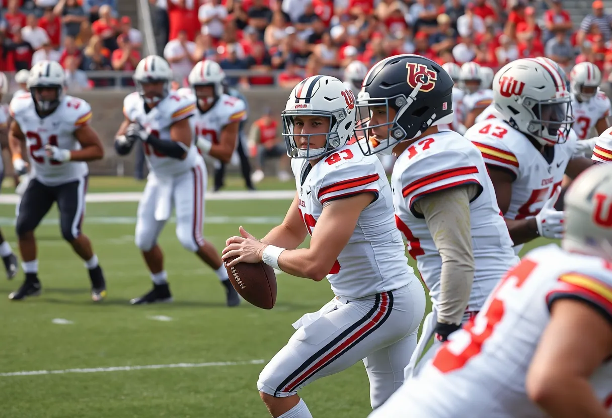 Group of college quarterbacks practicing on a football field