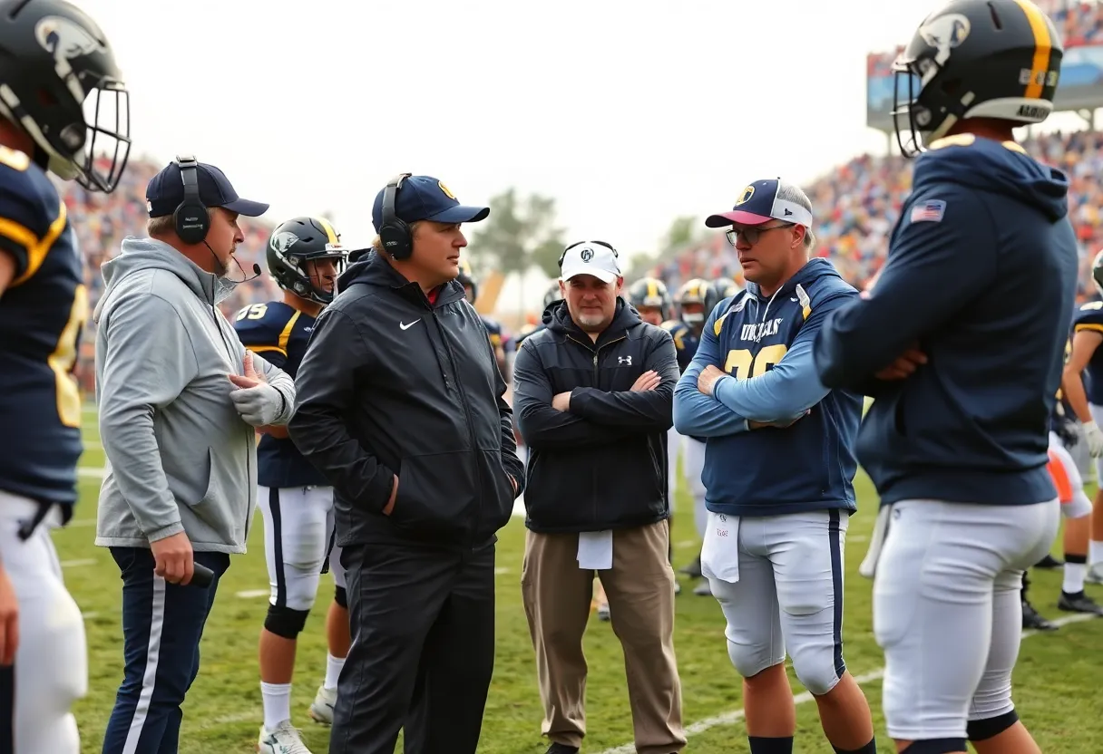 Coaching staff discussing strategies during a football game
