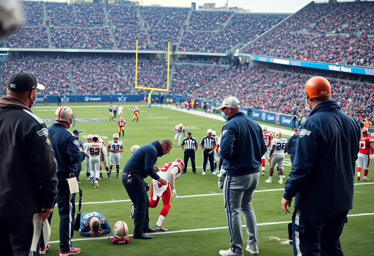 Medical staff attending to an injured player on the field during an NFL game