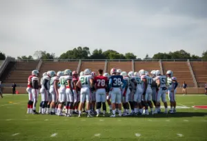 A huddle of Indianapolis Colts players on a football field during practice