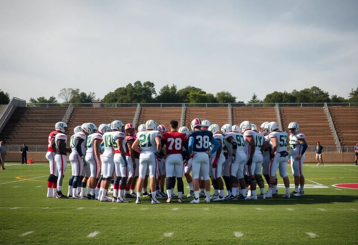 A huddle of Indianapolis Colts players on a football field during practice