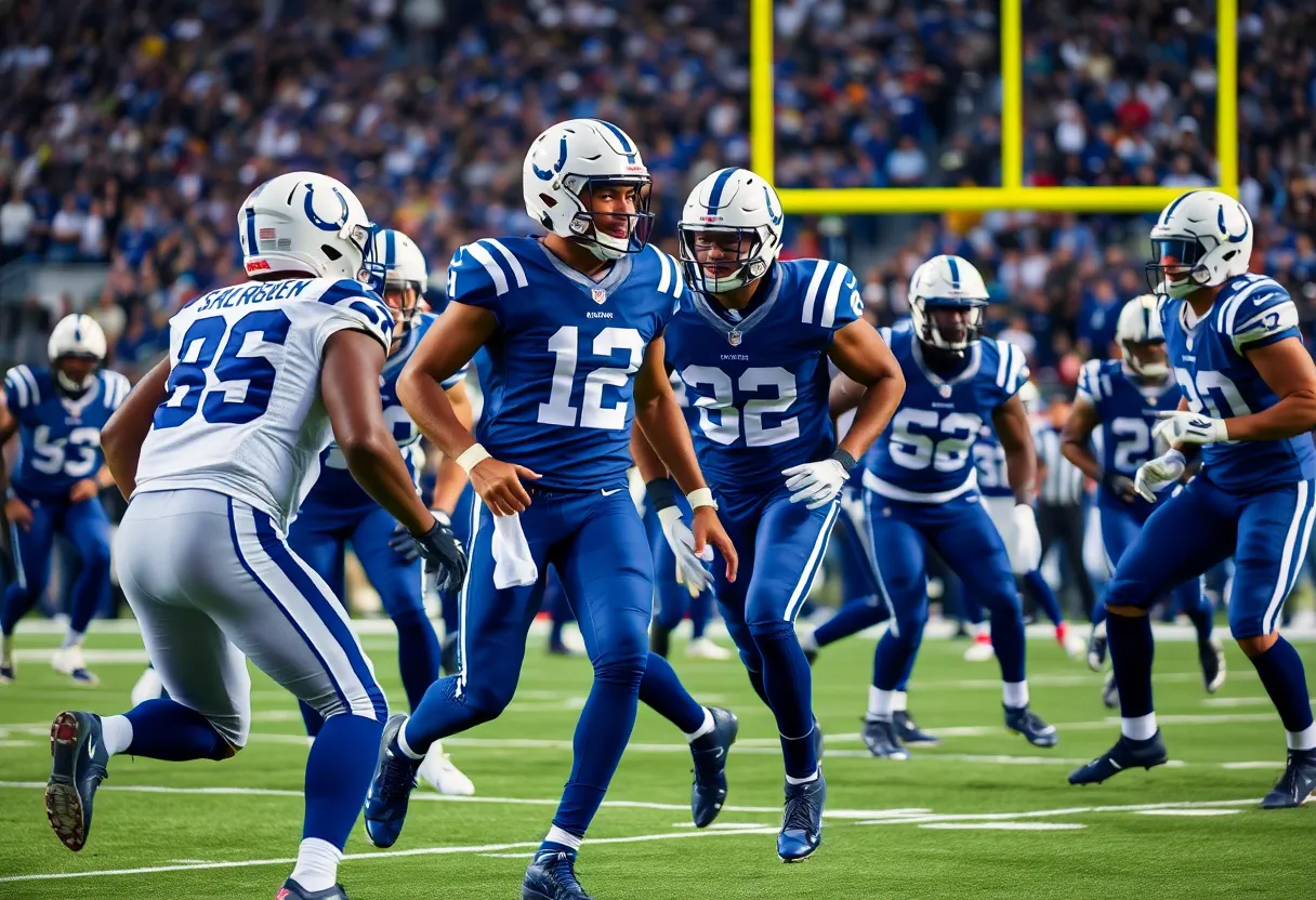 Indianapolis Colts players executing a play during a game.