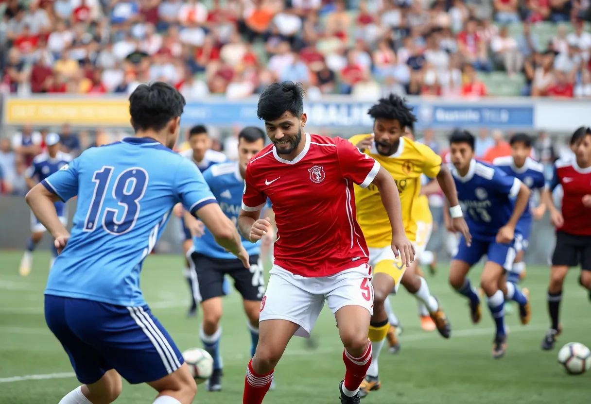 A football game with players in action on the field