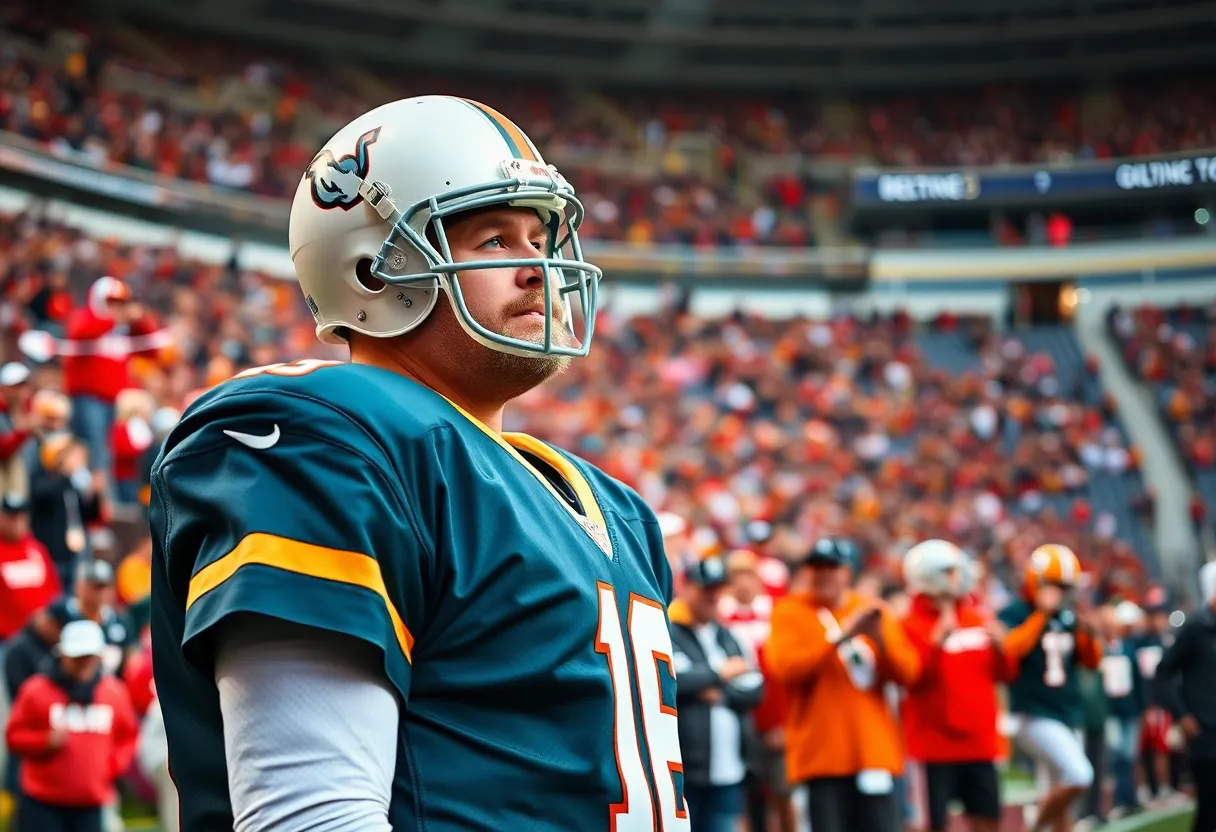 Veteran quarterback practicing with the team before a game.