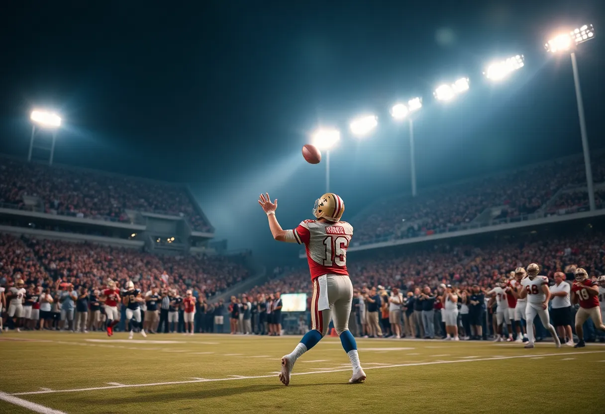 A quarterback throwing a pass during a football game