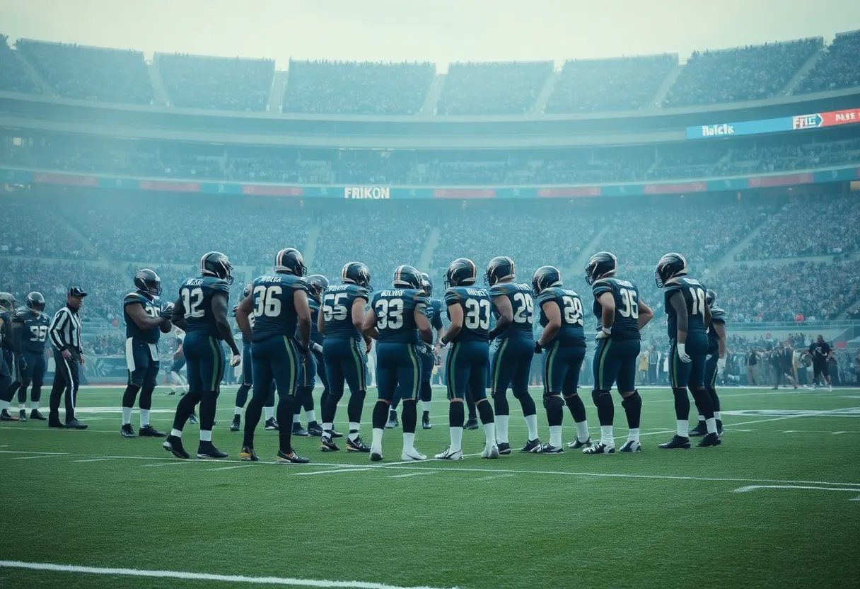Colts players in a huddle discussing strategies