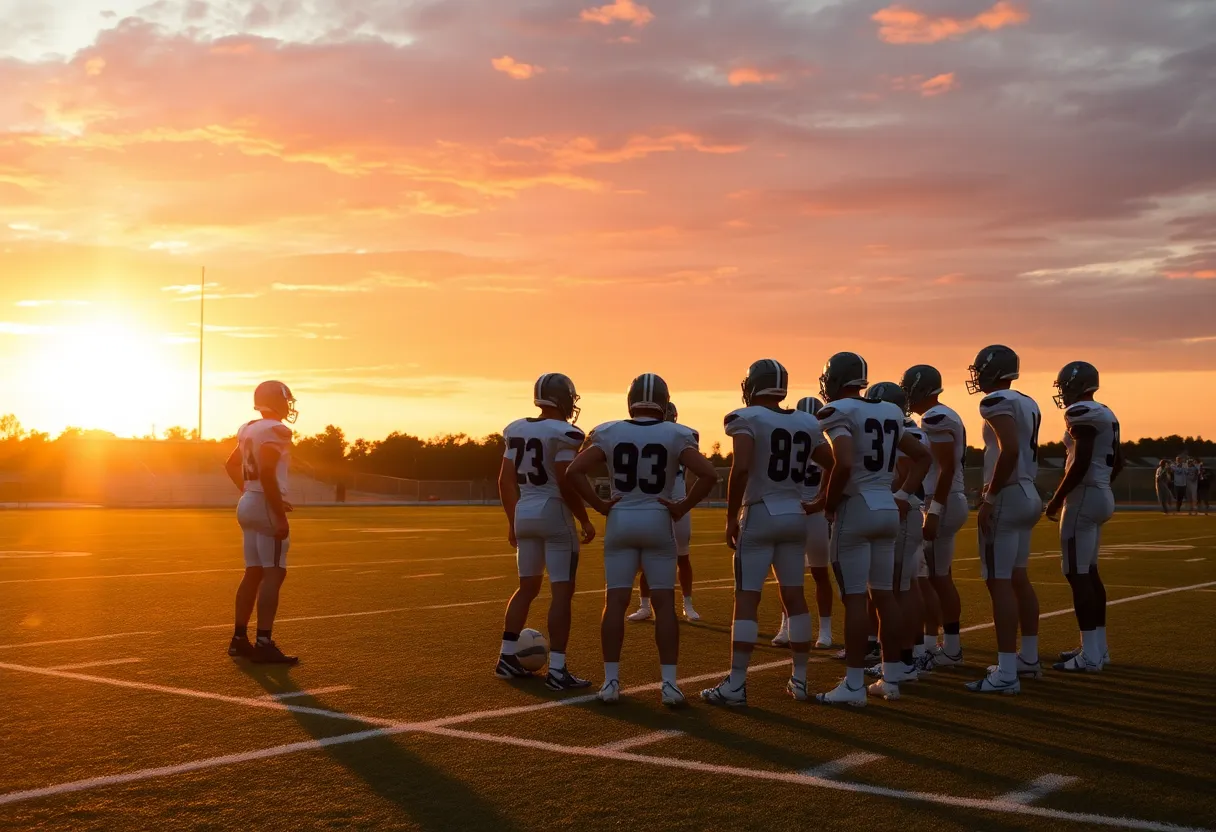 Football players huddling on the field during a game.