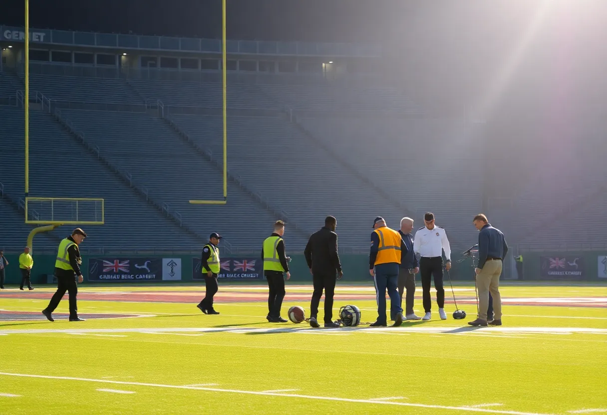 Football field during injury timeout with medical staff