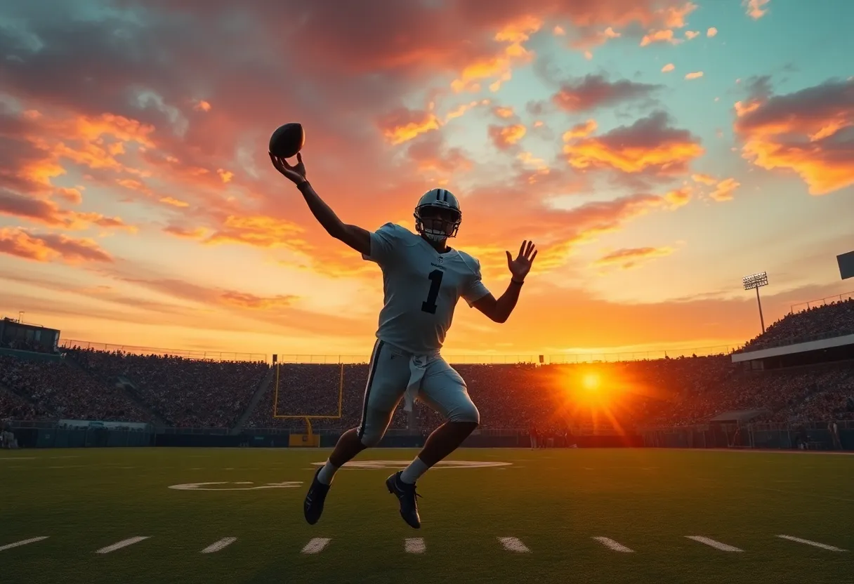Image of a quarterback on a field at sunset