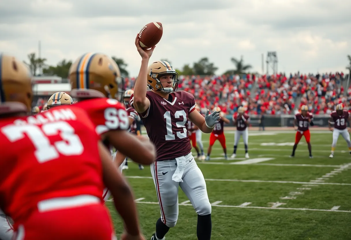 Quarterback on the field during a football game.