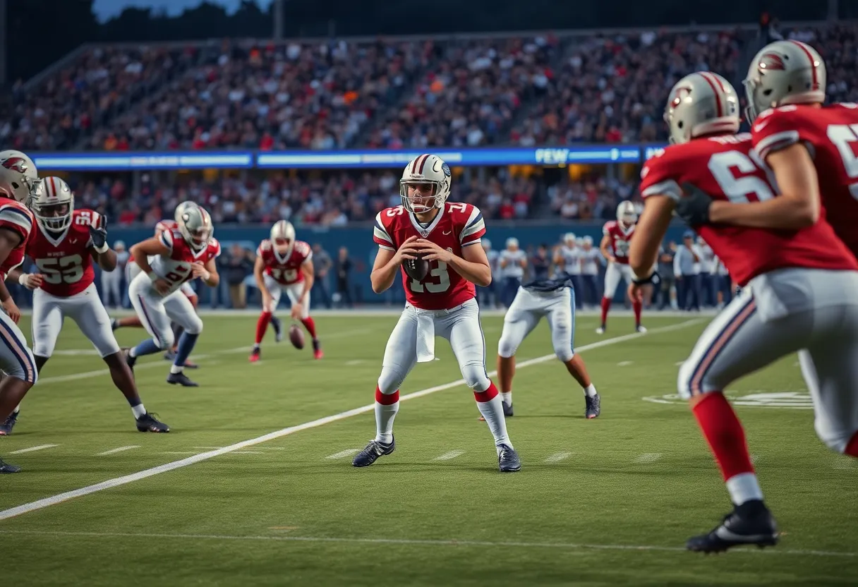 A football field showing players during a game