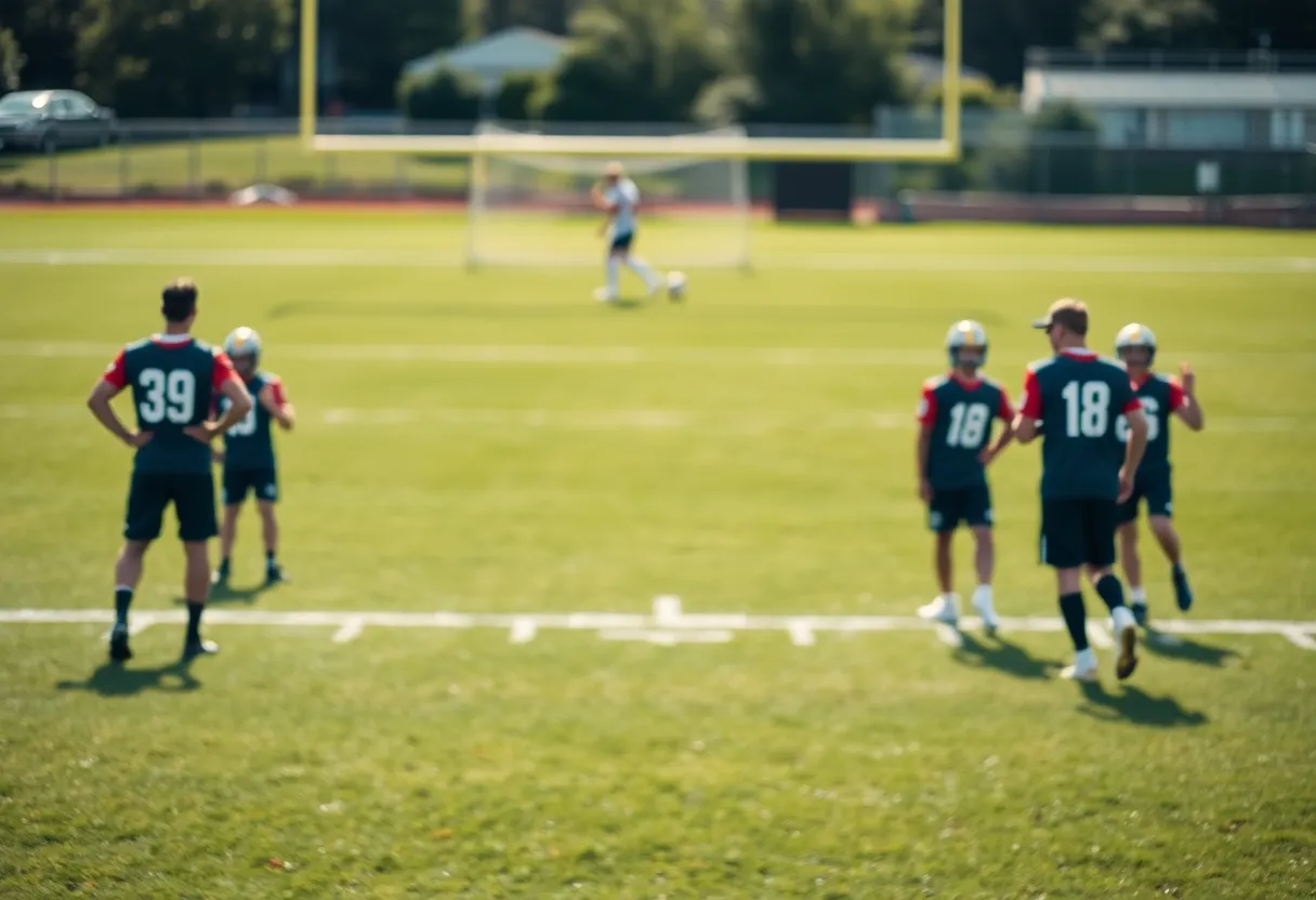 Indianapolis Colts practicing on the field with focus on teamwork.
