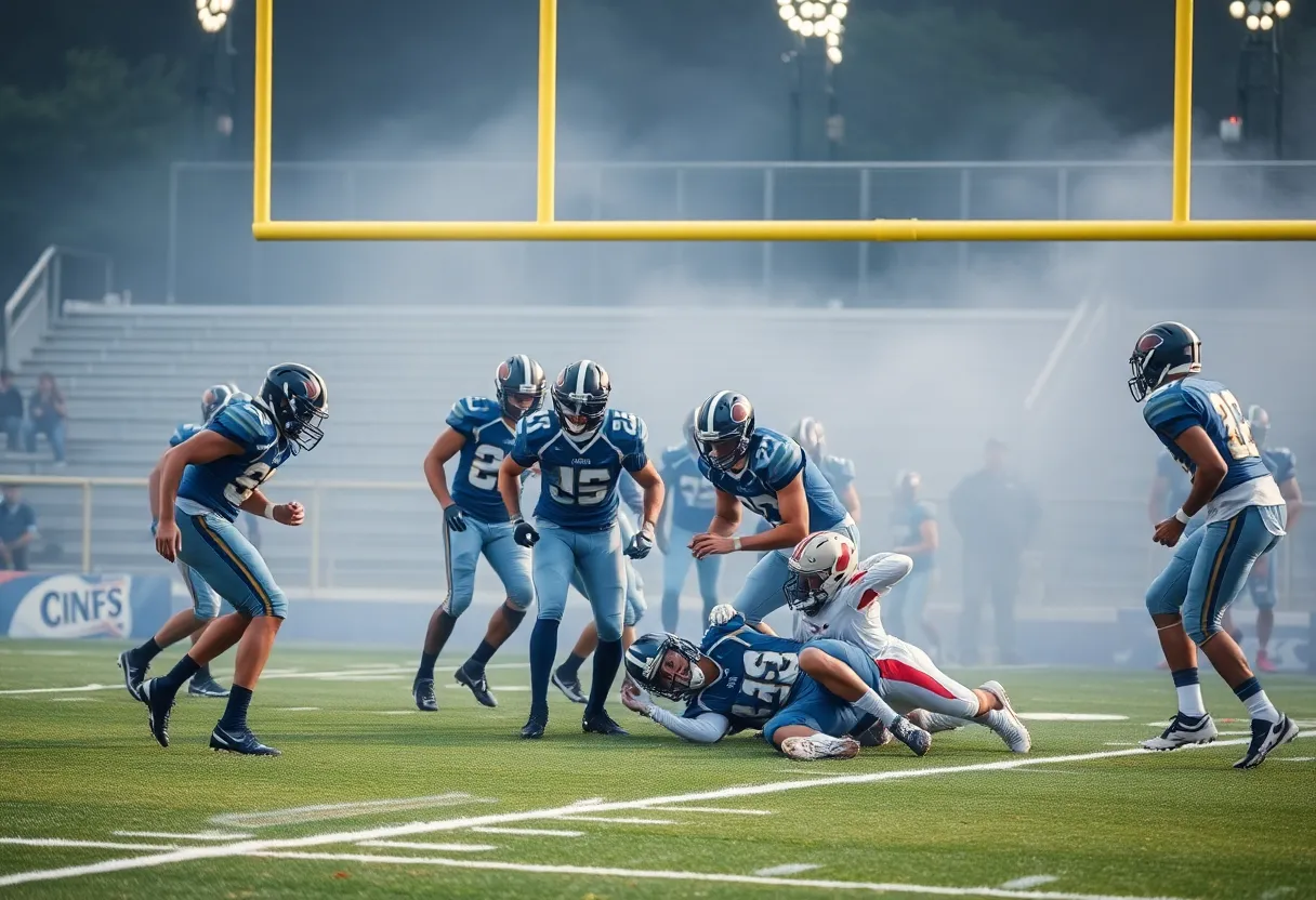 Indianapolis Colts players strategizing on the football field.