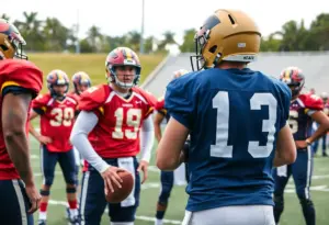 Quarterback in a practice setting with teammates