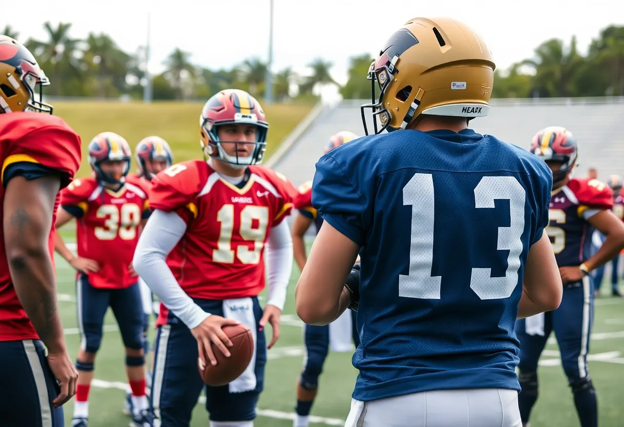 Quarterback in a practice setting with teammates