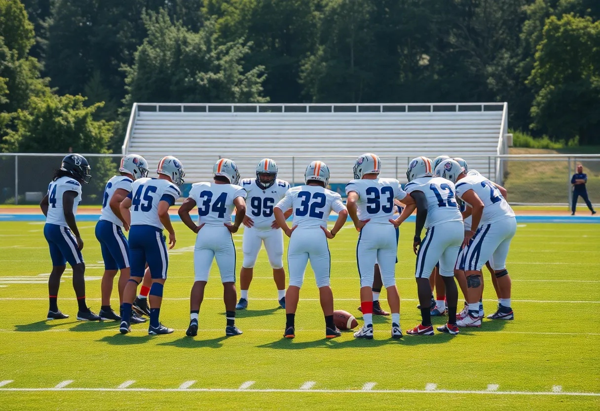 Colts players strategizing on the field