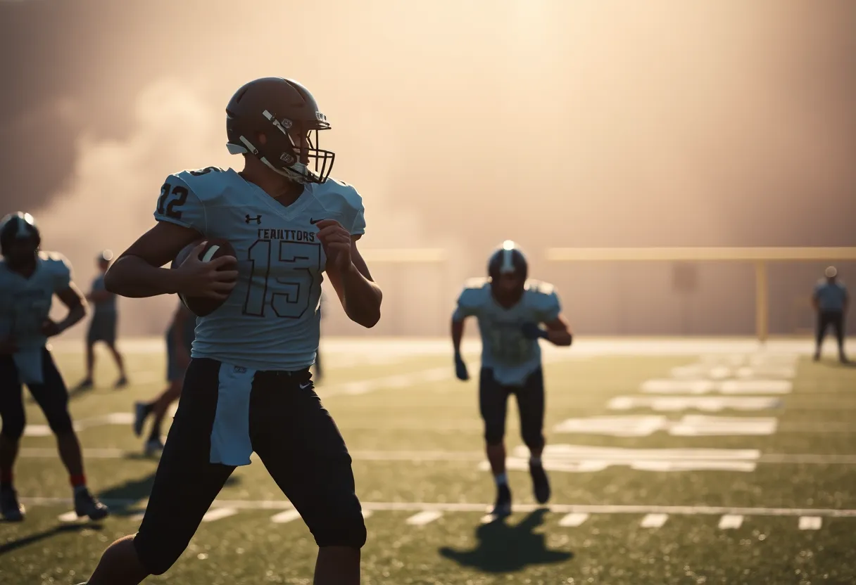 Silhouette of a quarterback in action on a football field