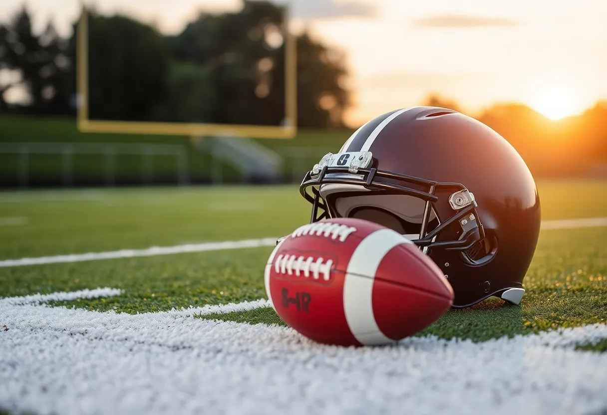 Football field with a helmet and football symbolizing stability in the Colts' quarterback position.