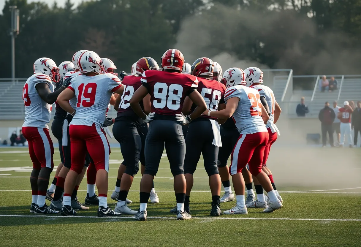 Indianapolis Colts team in a strategy session on the field
