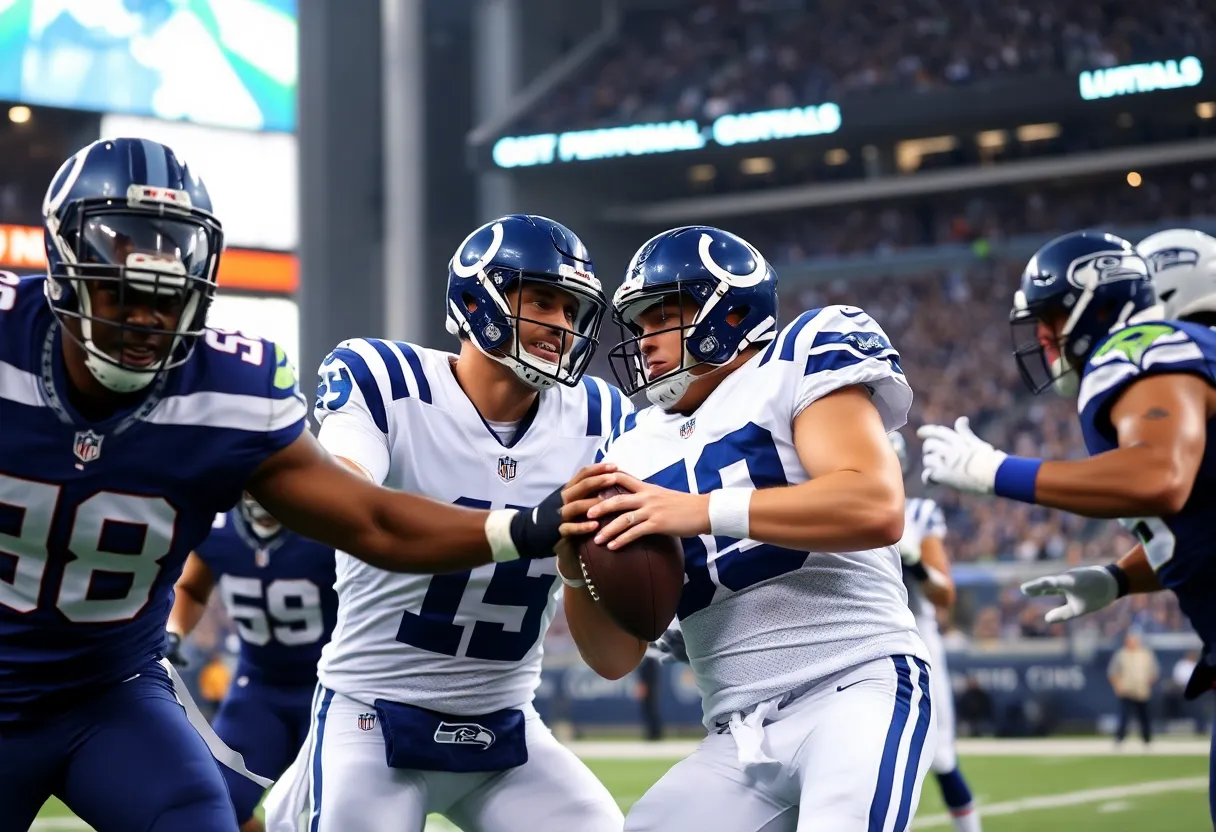 Colts and Seahawks players competing on the field