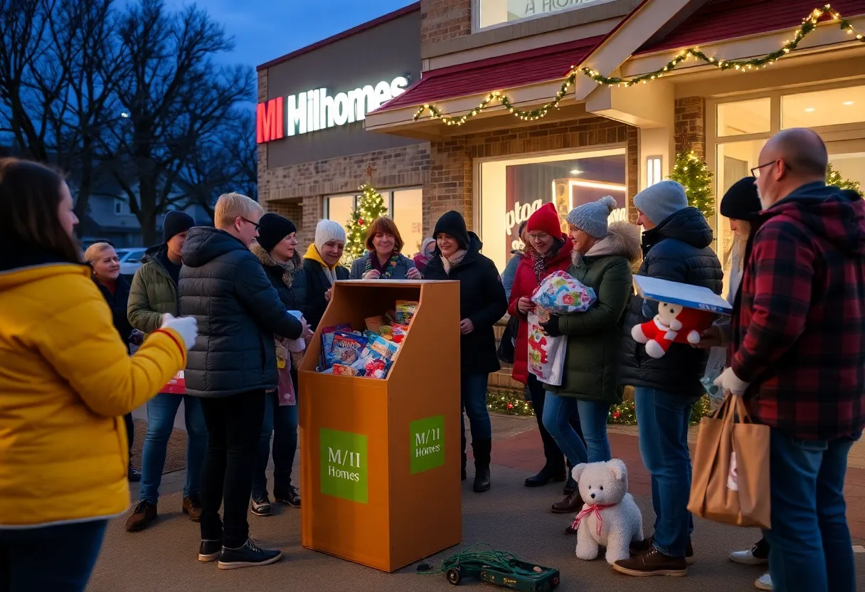 Community members donating toys for Toys for Tots outside M/I Homes