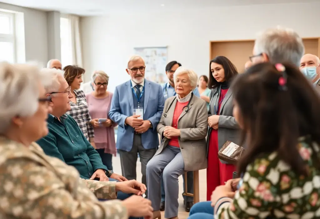 Community meeting discussing age-friendly healthcare initiatives for seniors.