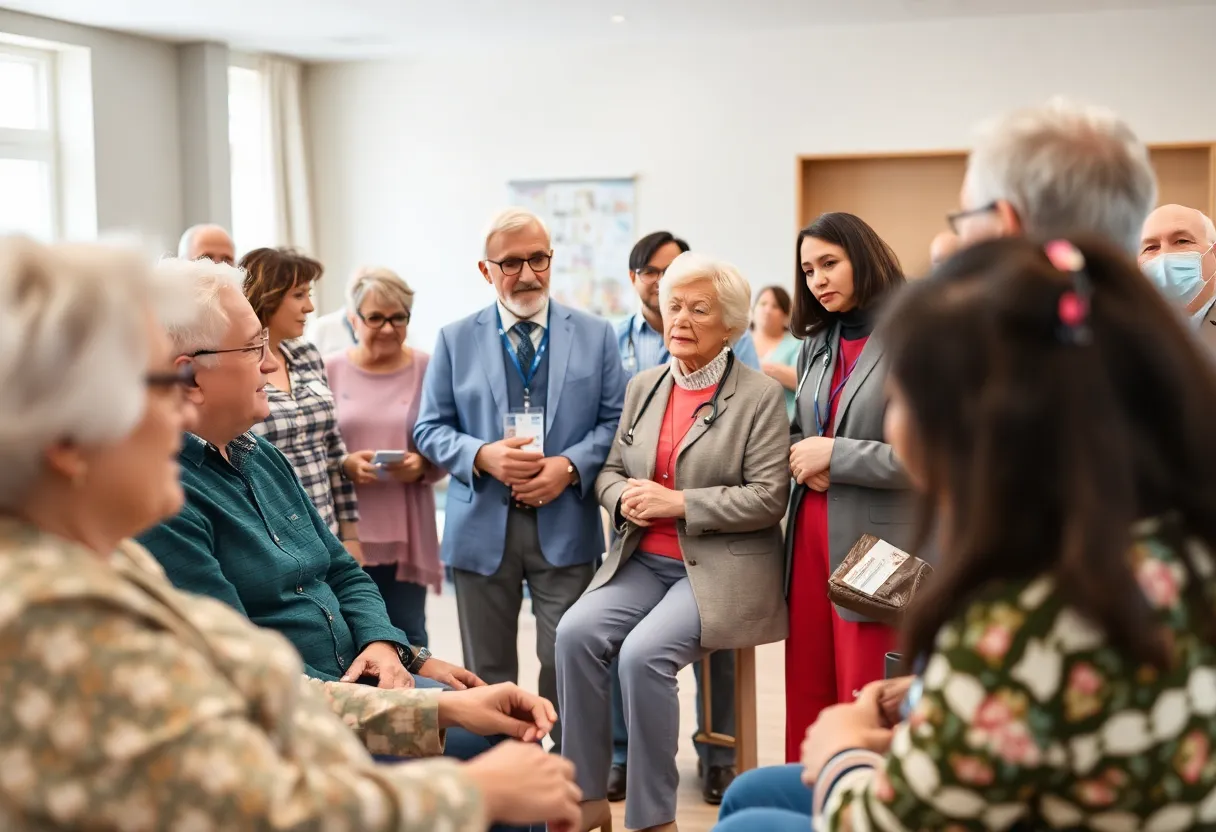 Community meeting discussing age-friendly healthcare initiatives for seniors.