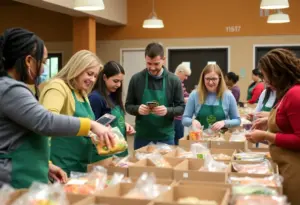Volunteers packing meals at a community event