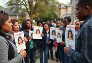 Community members holding flyers to find a missing girl.