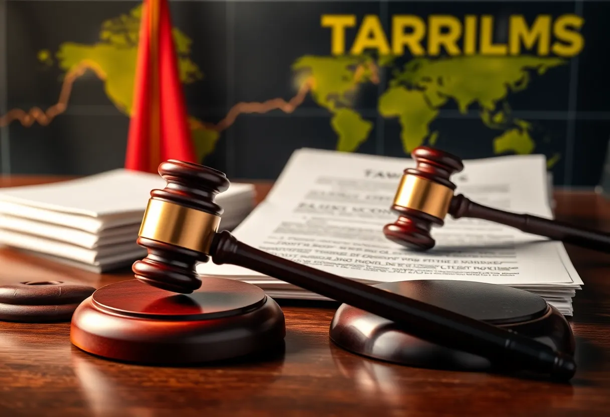 Artwork depicting a legal setting regarding Costco's tariffs lawsuit