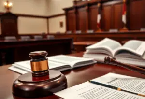 A courtroom setting with a gavel symbolizing justice in a religious freedom abortion case