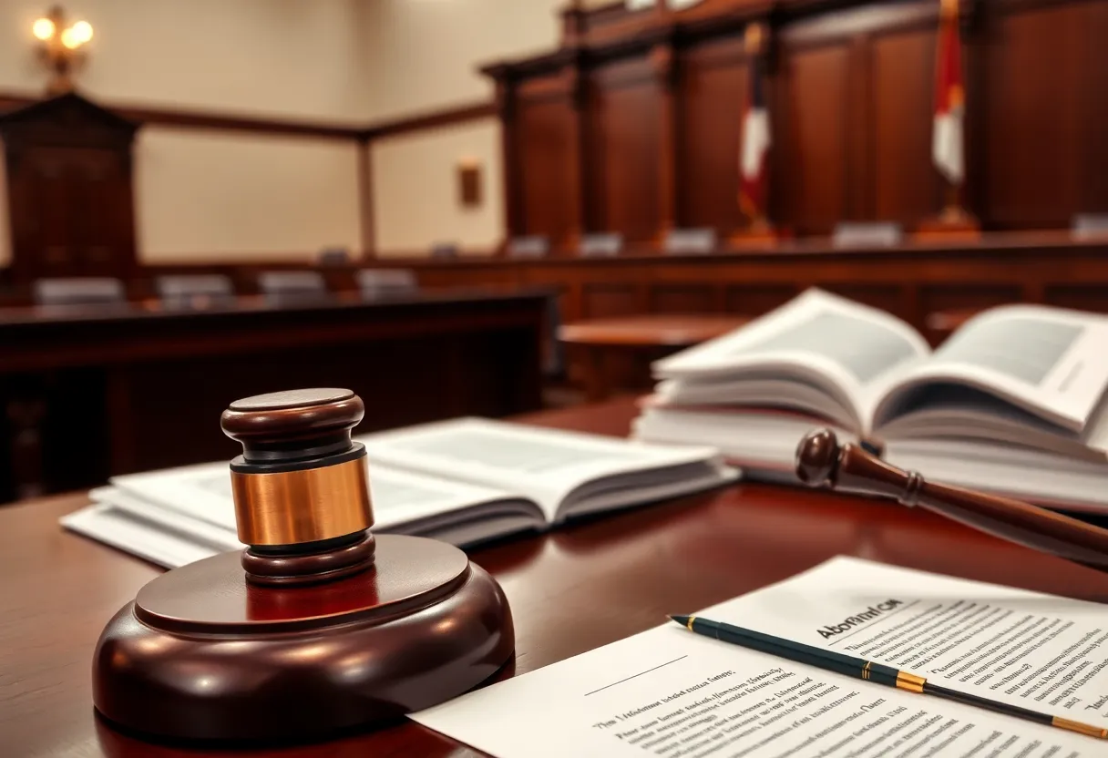 A courtroom setting with a gavel symbolizing justice in a religious freedom abortion case