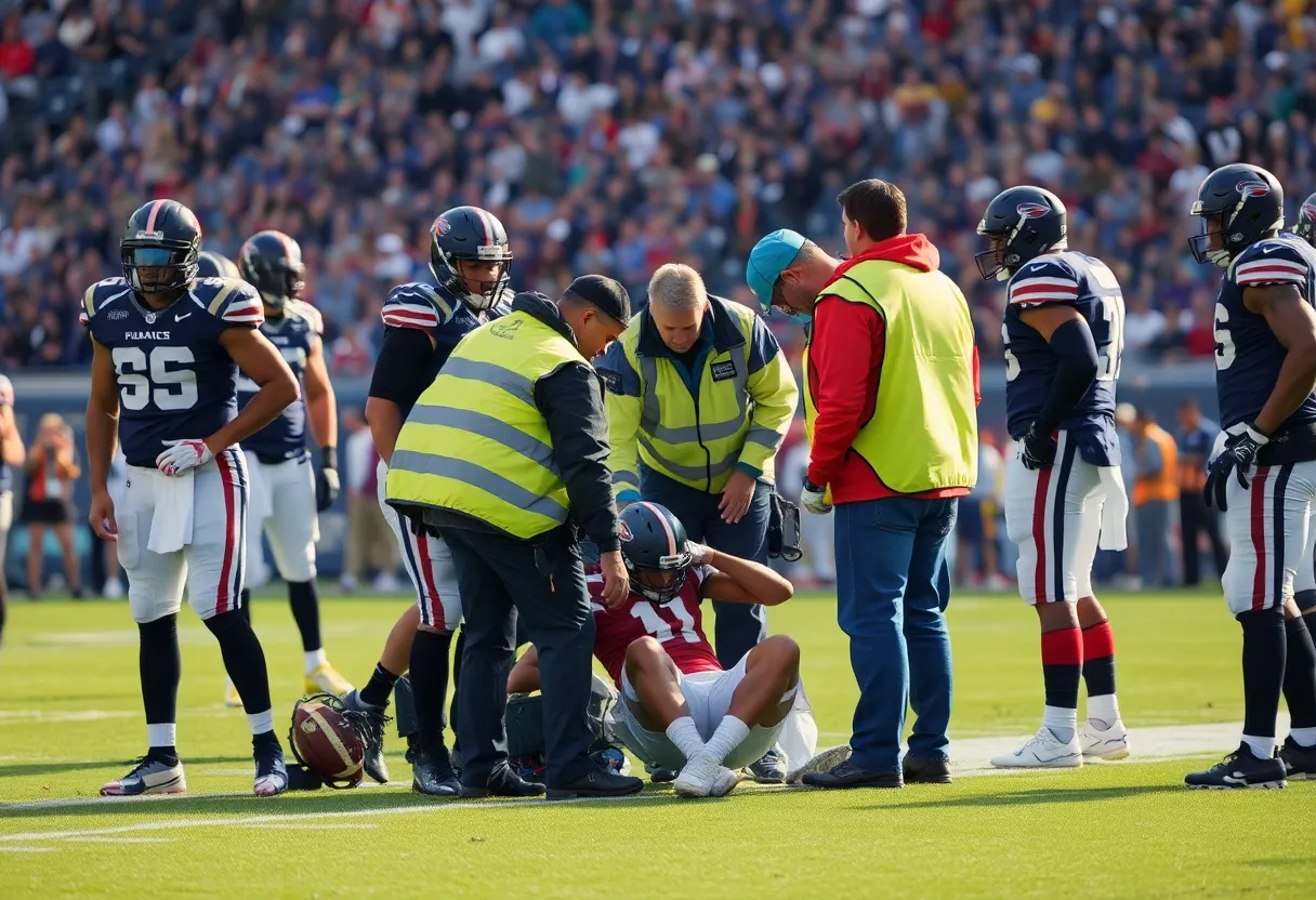 Injured player on football field receiving medical attention