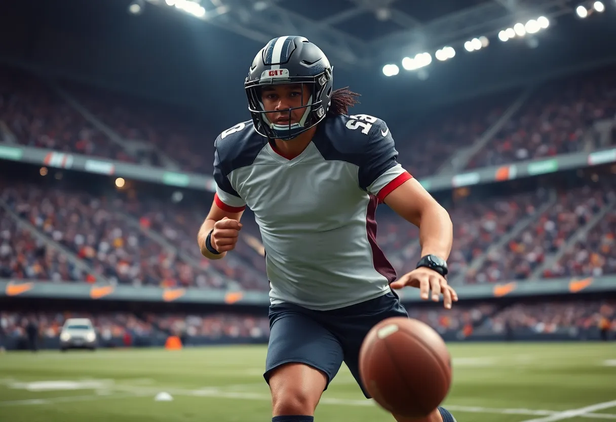 Athlete demonstrating resilience during a football game with advanced sports technology for injury management.