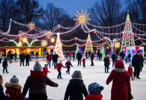 Families and children enjoying the Deck the Stalls event with ice skating and holiday lights
