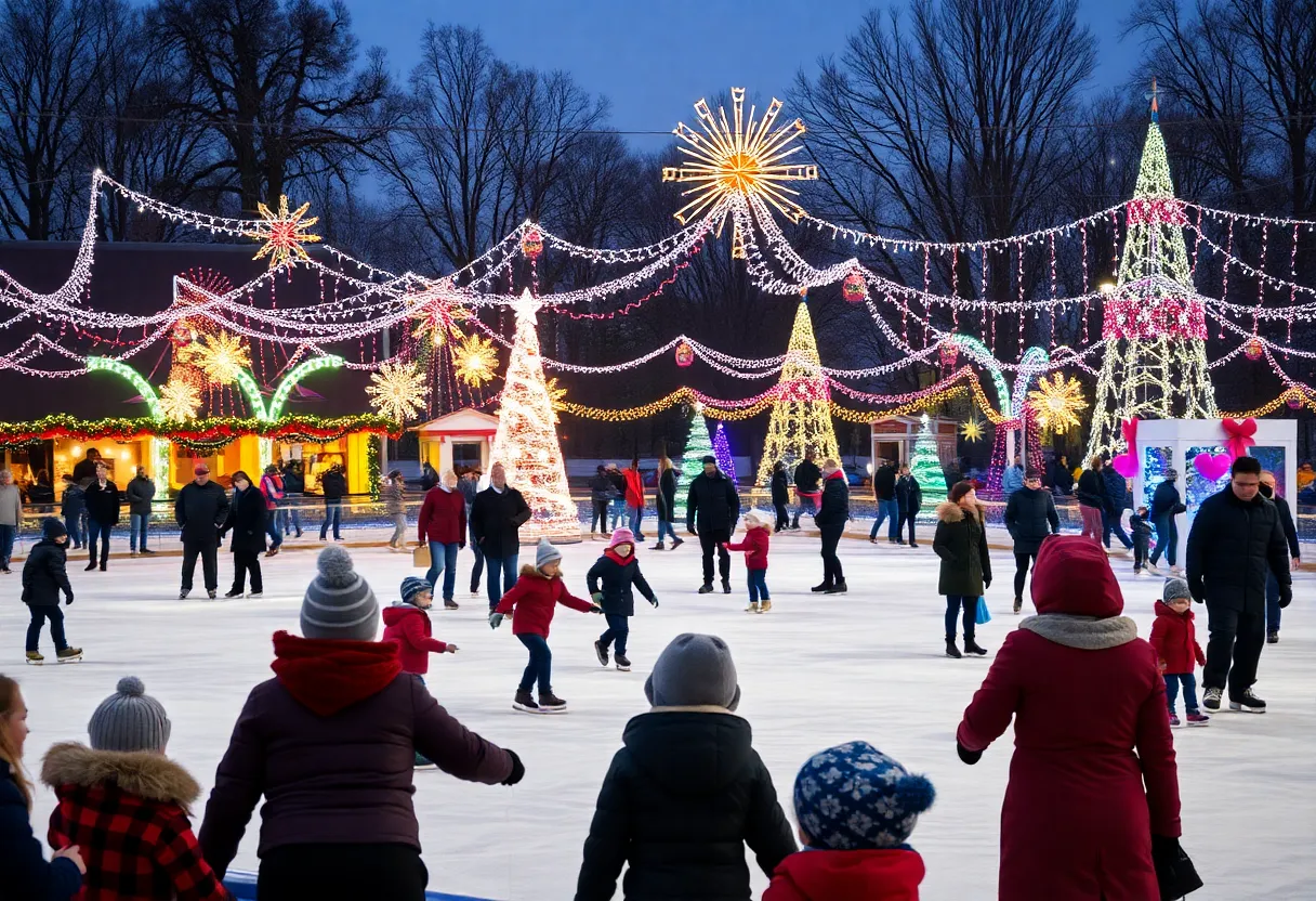 Families and children enjoying the Deck the Stalls event with ice skating and holiday lights