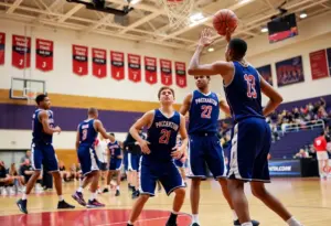 Detroit Mercy Titans players in action during a basketball game