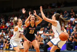 Basketball players from Detroit Mercy and IU Indianapolis competing in a game.