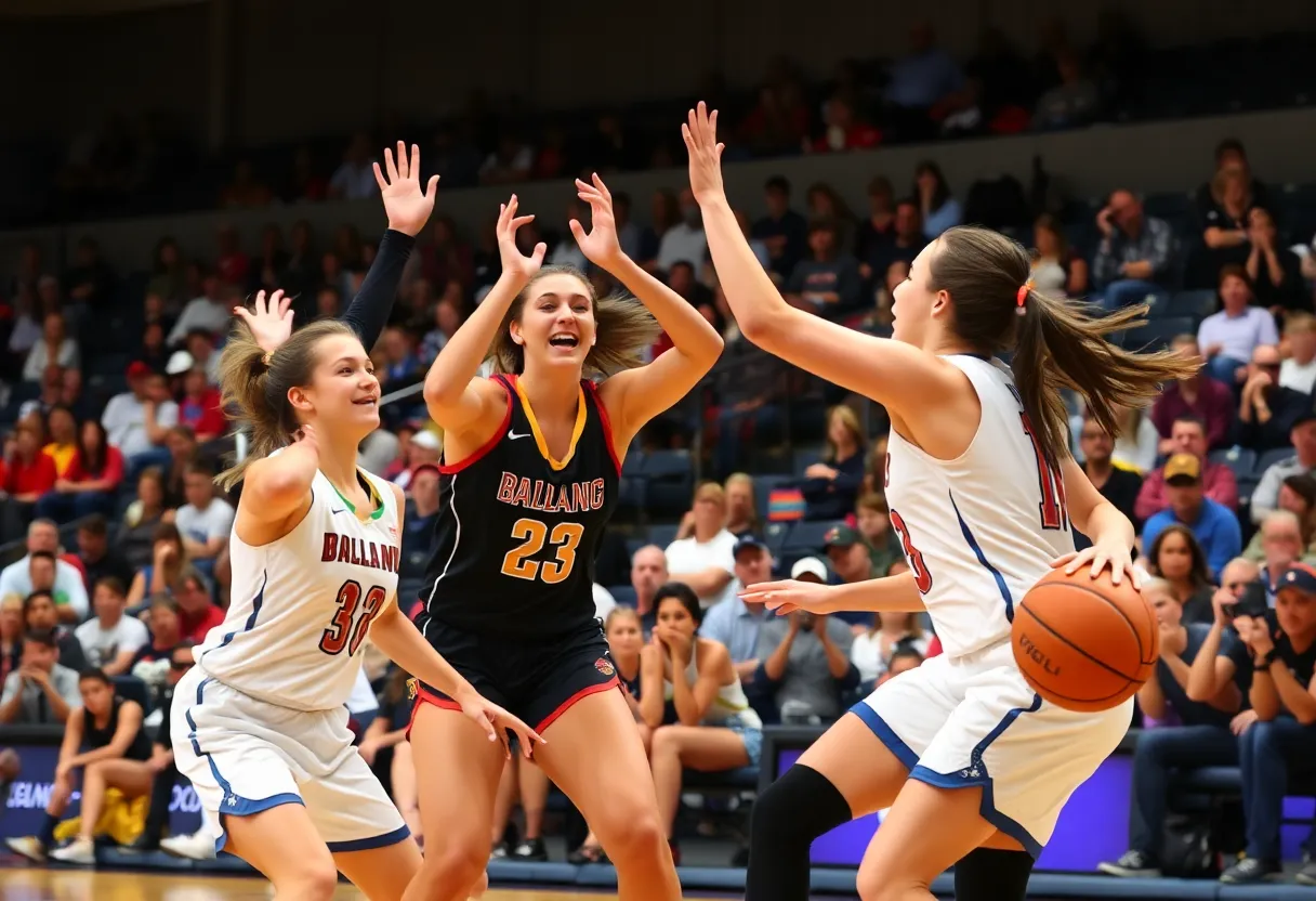 Basketball players from Detroit Mercy and IU Indianapolis competing in a game.