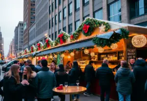 Festive pop-up bars in downtown Indianapolis decorated for Christmas.