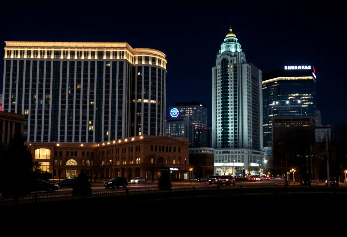 A serene view of downtown Indianapolis at night with glowing hotel lights.