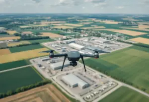 Aerial view of drones flying over Indiana's landscape