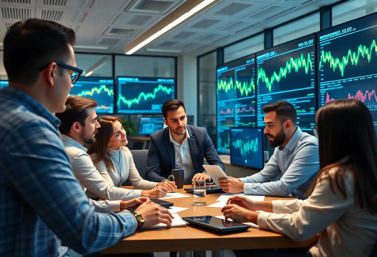 Team discussing blockchain financial growth